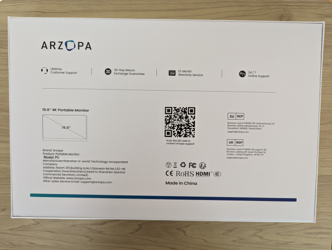 ARZOPA モバイルモニター 15.6インチ4k 外箱裏