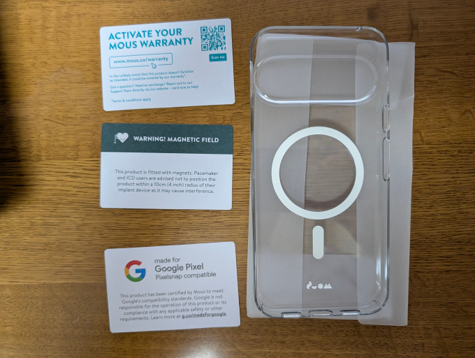 Google Pixel 10 Pro XL 用 Mous 超薄型マグネット対応クリアケース 入っていたもの